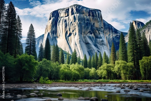 El Capitan, Yosemite National Park - Breathtaking Landscape Photography of Majestic Mountain Amidst Blue Skies Over Lush Green Forest: Generative AI photo