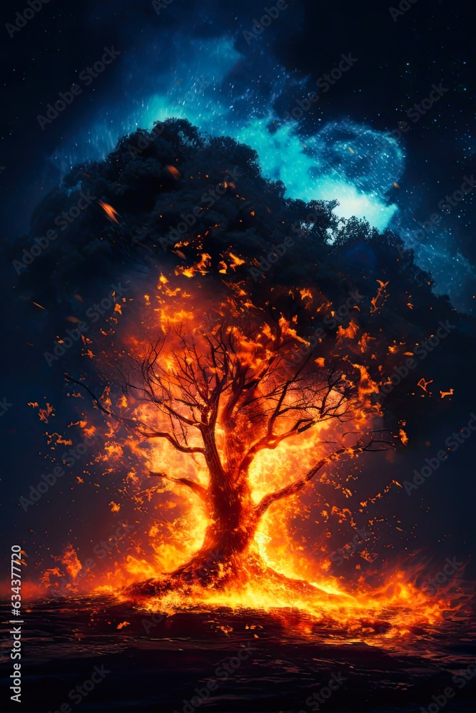 Tree on Fire at Night with Dazzling Starry Sky - Conceptual Image of Devastation, Disaster and Danger. Generative AI
