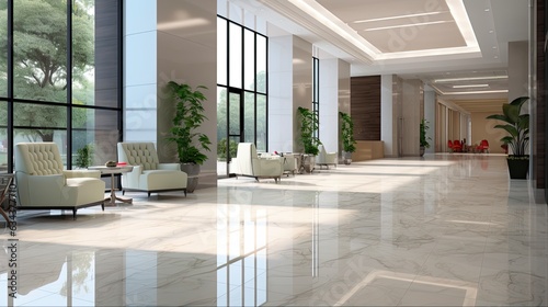 Sparkling Marble Tiles: A Clean and Shiny Floor in a Commercial Lobby. Generative AI