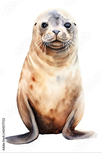 Watercolor Seal. Big Hand-Drawn Illustration of an Animal Object with Brush Art Style, Isolated on White Background. Generative AI