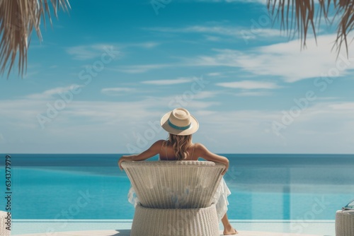 Woman in a hat relaxing in wicker chair on the beach in tropical resort under blue sky