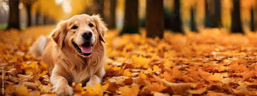 Obraz na płótnie Happy golden retriever dog on Autumn nature background, wide web banner. Autumn activities for dogs. Fall Care Advice For Dogs. Preparing dog for walks in autumn and fireworks. w salonie