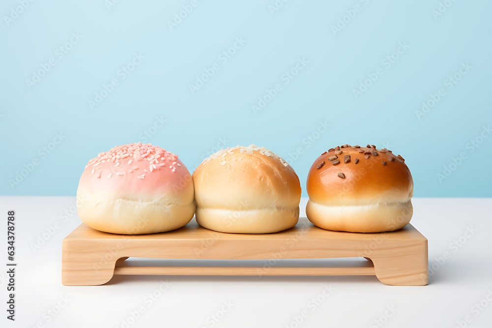 A pastry and wheat on wooden board, light blue background, minimal concept A pastry and wheat on wooden board, light blue background, minimal concept