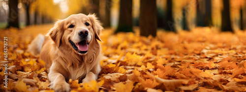 Foto Happy golden retriever dog on Autumn nature background, wide web banner