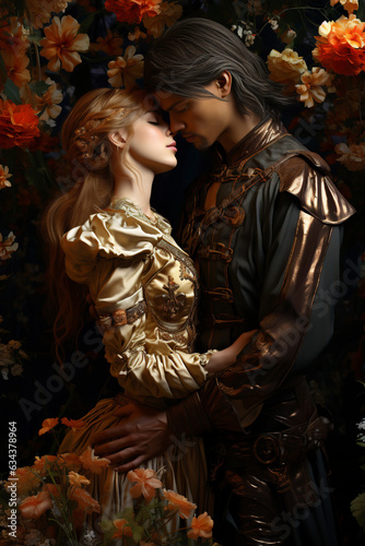 Love's portrayal in history: Almost-touching lips, medieval garb, and an embrace to make any romance novel cover unforgettable. photo
