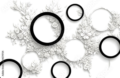 3D Look white and black circle with floral flower decor wallpaper design for home, office, bedroom, house, and shop wall art decor. 3d wall background. 3d mural illustration wallpaper landscape