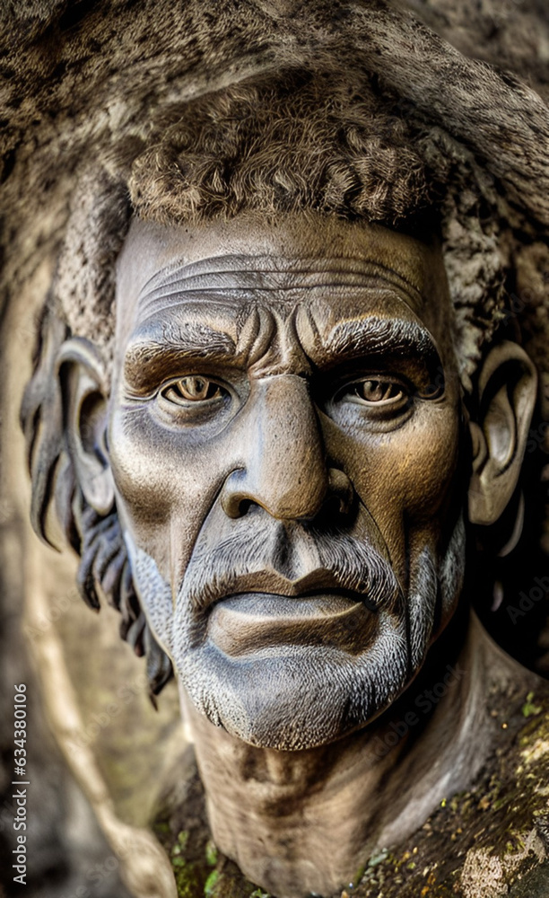 artistic closeup portrait of a primitive caveman with beard