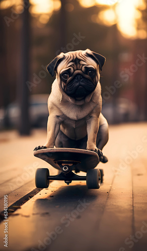 Pug on skateboard having fun in the park, blurred street view background. © Got Pink?