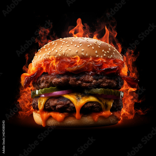 fire hamburger on black
