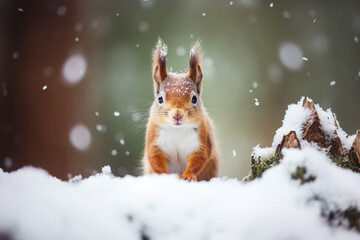 Cute red squirrel in the falling snow, animals in winter. High quality photo