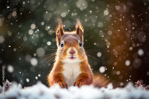 Cute red squirrel in the falling snow, animals in winter. High quality photo