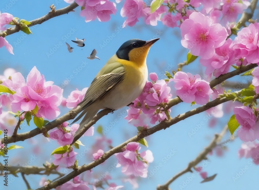 Morning Serenade Capture the Charming Sight of Songbirds in a Blossoming Garden. Bird on a branch.