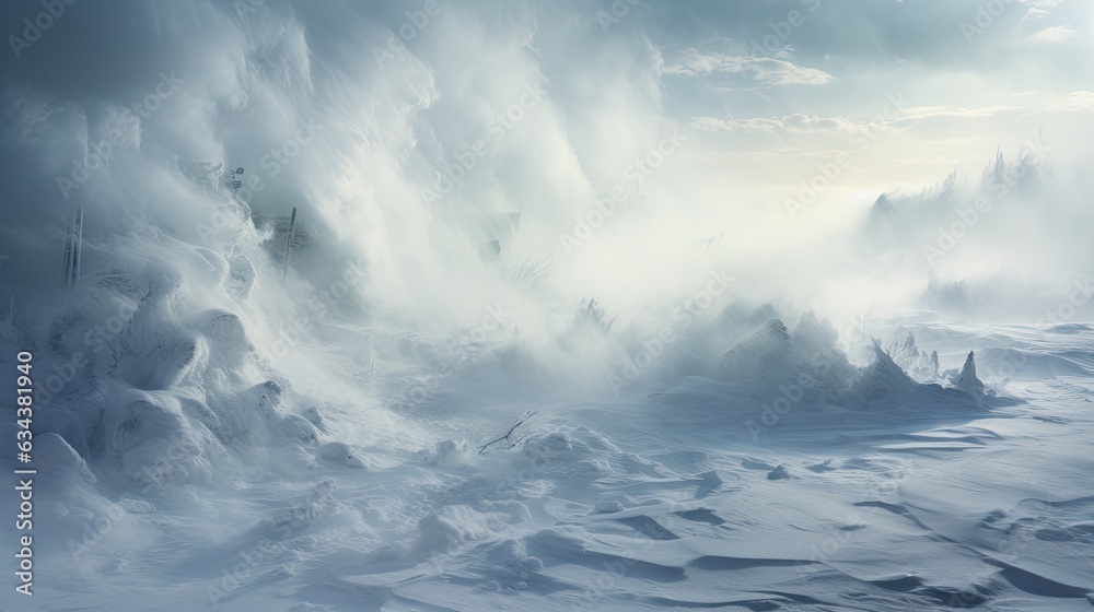 A fierce blizzard, winter landscape, with strong winds and heavy snowfall. 