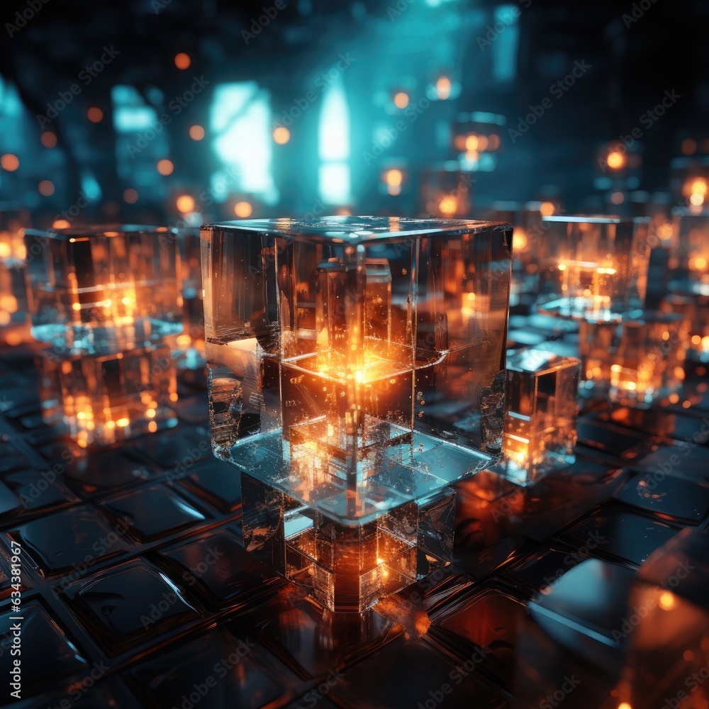 A matrix of glowing cubes suspended in mid-air, forming a three-dimensional grid. A matrix of glowing cubes suspended in mid-air, forming a three-dimensional grid.