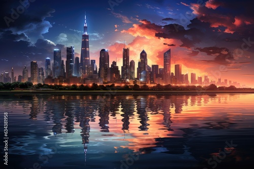 A futuristic city skyline illuminated by neon lights, reflecting on the surface of a calm, reflective body of water.