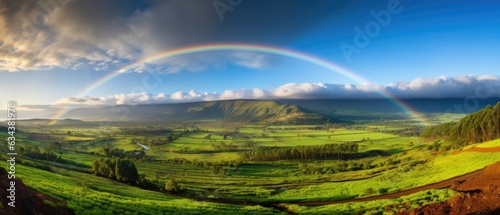 A panoramic view of a lush green countryside after a refreshing rain, with a vibrant rainbow stretching across the horizon. 