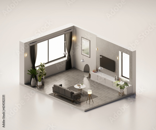 Fototapeta Naklejka Na Ścianę i Meble -  Isometric view living room minimal style open inside interior architecture 3d rendering digital art