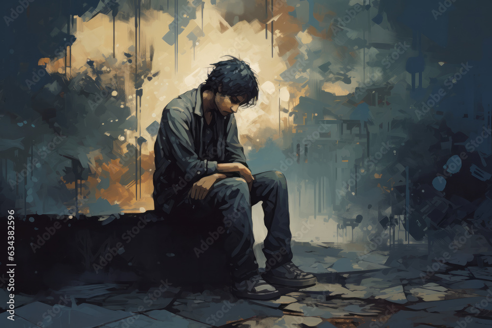 Silhouette of a person sitting alone on a bench, contemplating life Silhouette of a person sitting alone on a bench, contemplating life