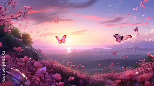 Dreamscape image with thousands of pink and purple butterflies
