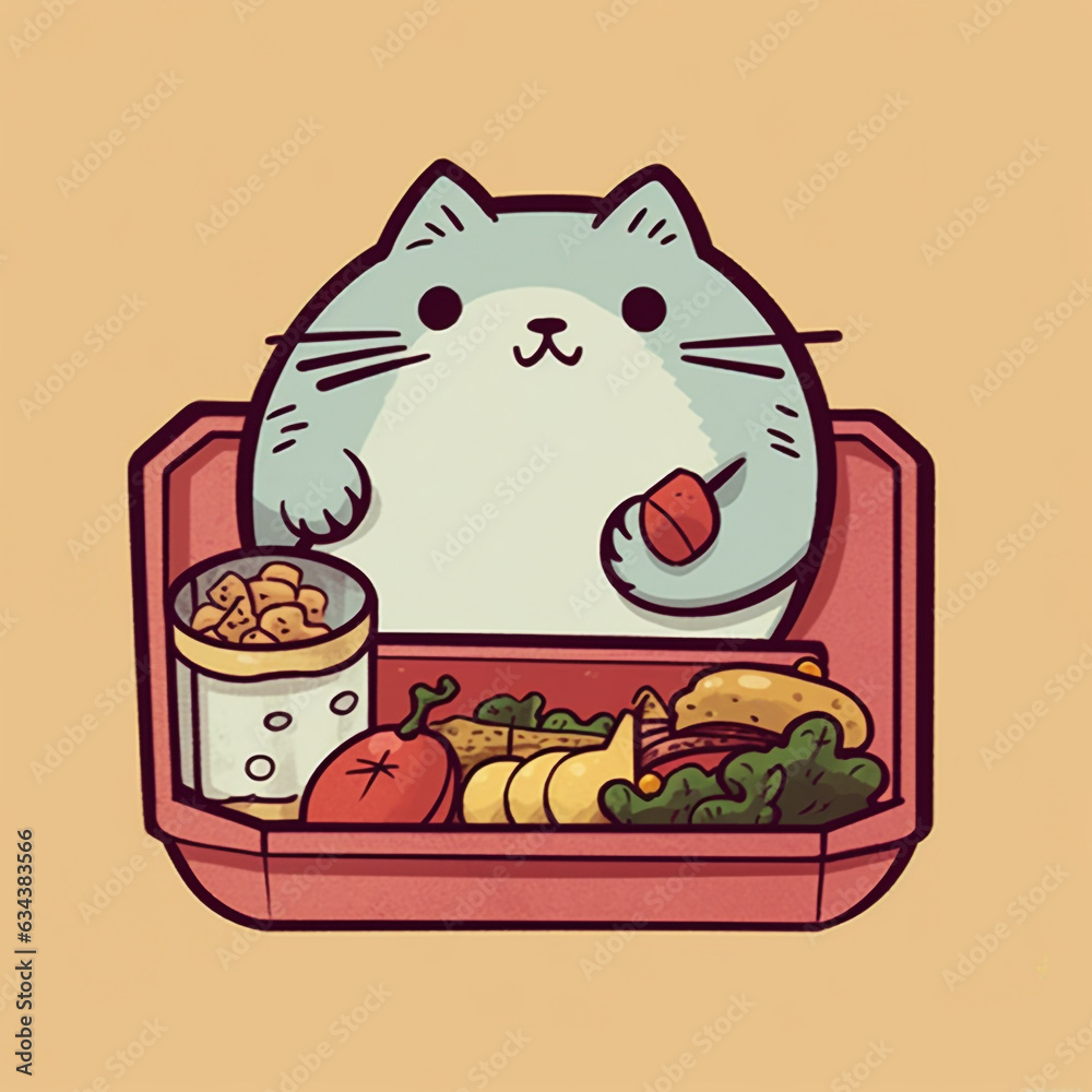Cartoon style of a fat cat enjoying a bento. Bento in a large food container. Cartoon style of a fat cat enjoying a bento. Bento in a large food container.