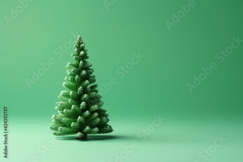 A minimalistic Christmas tree without decorations stands on an isolated green background in anticipation of Christmas. Simple design for New Year cards, invitations and advertisements with copy space