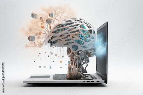 Automated laptop with an artificial intelligence system conducts a digital analysis of the business of the future. AI brain from computer screen on white background with copyspace. Technology concept