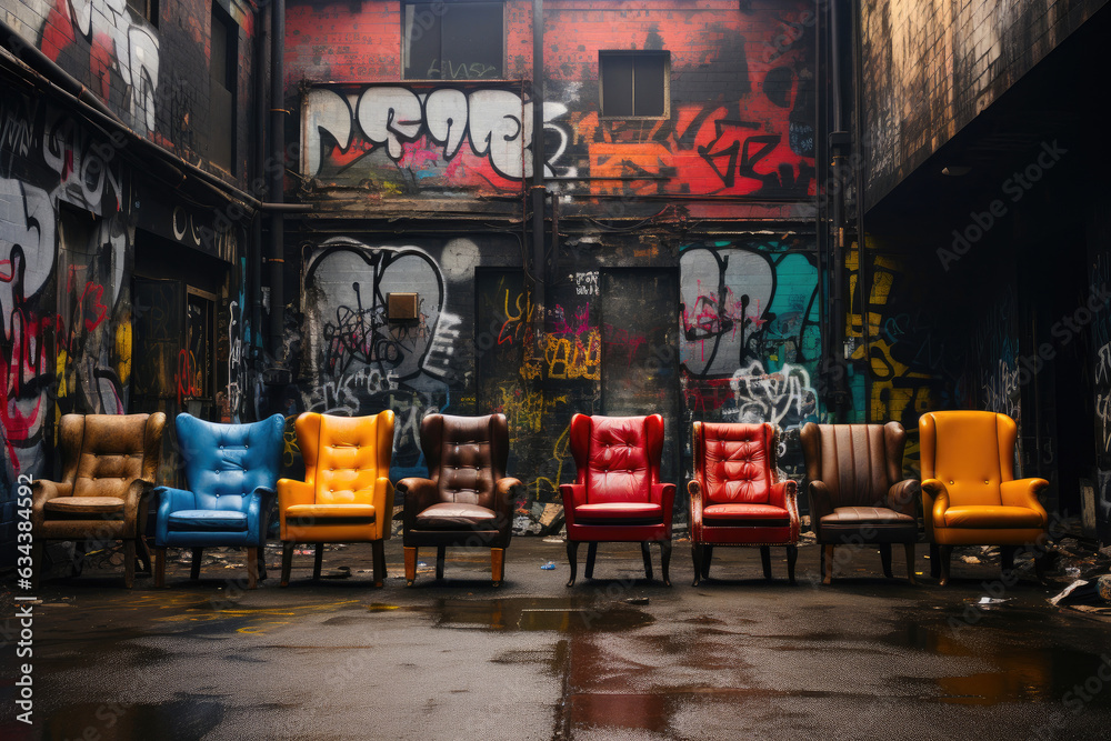 Urban Oasis: Colorful Chairs Popping Against Graffiti