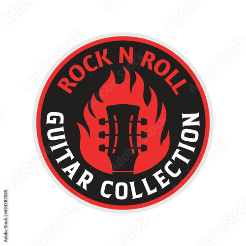 Guitar Shop with fire Rock n Roll music badge patch logo design Inspiration
