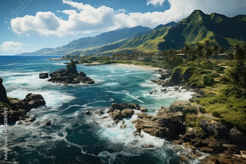 landscape with coast or shore line, rocks and mountains