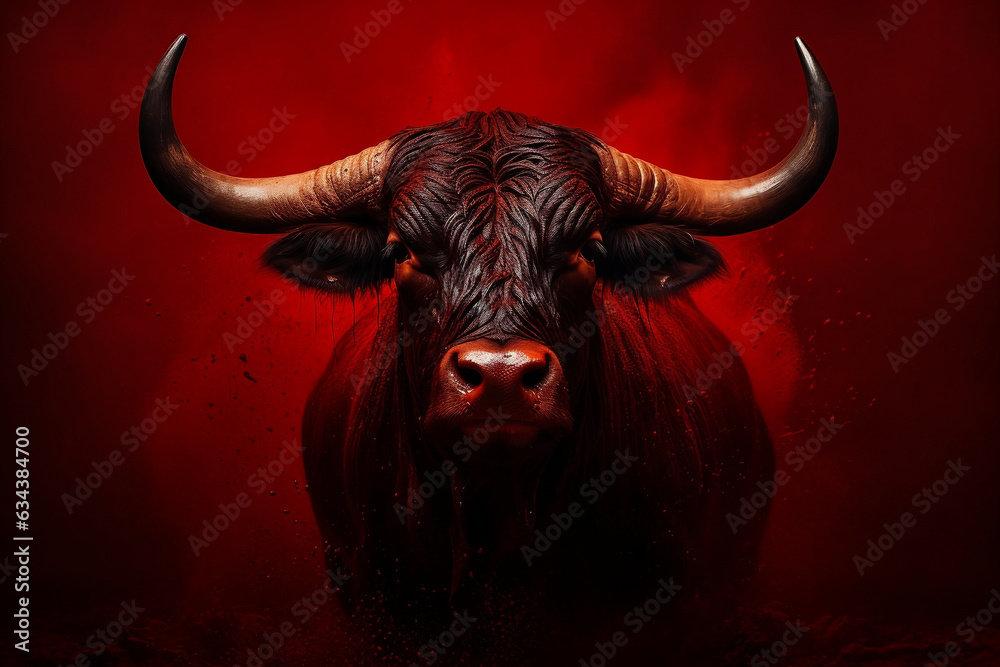 Naklejka premium Bold and Powerful: Majestic Red Bull Standing Strong