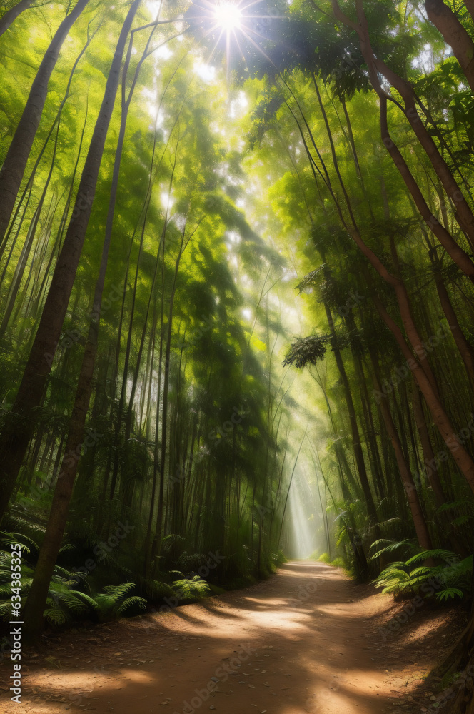 Fototapeta premium beautiful forest, magic path, dream, fog, realistic image, high definition, t-shirts, paintings, art. AI generated
