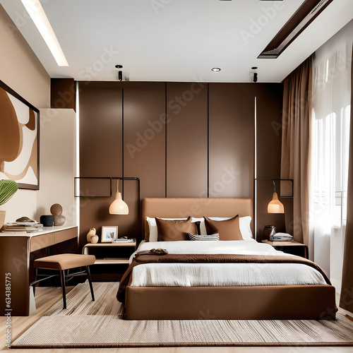 Brown and white-toned bedroom interiors. Generative AI © SOONUK