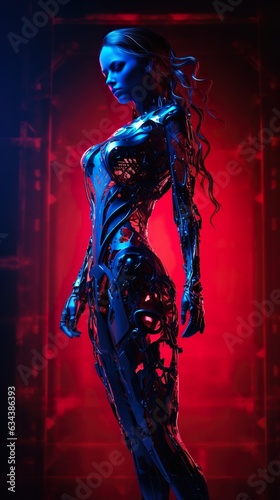futuristic female in cyber clothes  future cyberpunk concept  in style of red and blue  generative AI