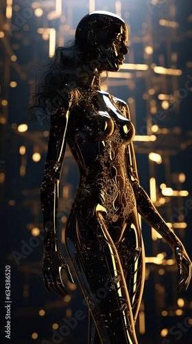 woman in futuristic dress and with perfect body, glamour leather or latex female concept, generative ai