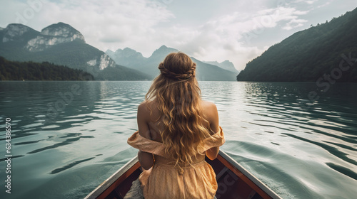 The girl sits with her back and floats in a boat. Beautiful landscape. Mountains, clouds, water. Relaxation, travel, meditation. Generative AI