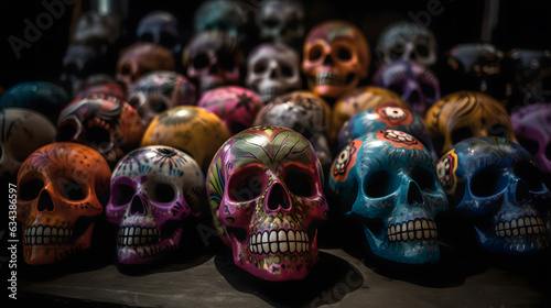 Dia de los muertos. Skull. Calavera, calavera de azucar, sugar skull. Pattern of colorful skulls and flowers, dia de los muertos