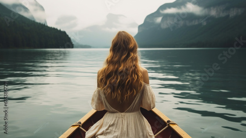 The girl sits with her back and floats in a boat. Beautiful landscape. Mountains, clouds, water. Relaxation, travel, meditation. Generative AI