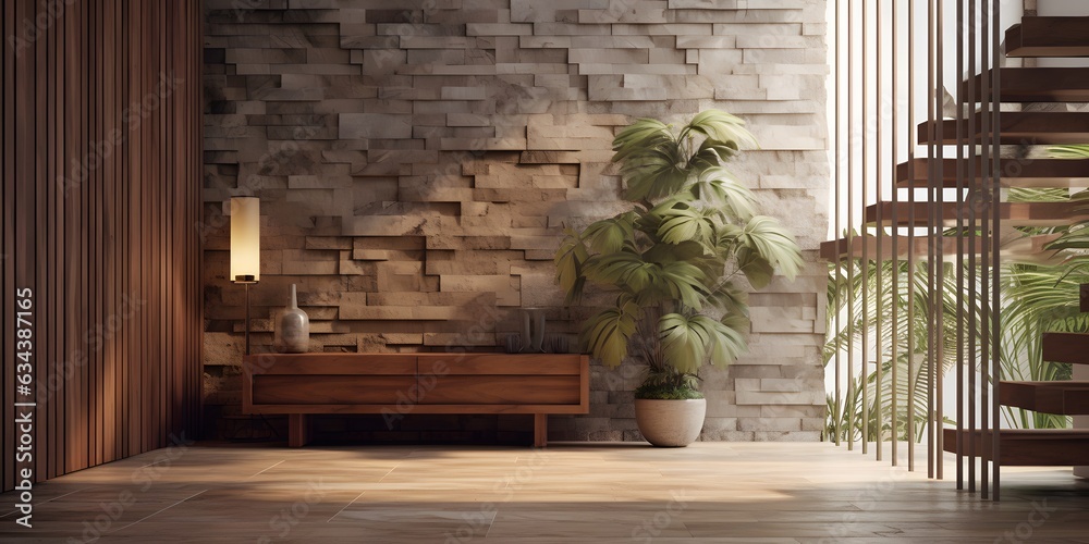 Coastal interior design of modern entrance hall with stone tiles wall and wooden rustic elements Coastal interior design of modern entrance hall with stone tiles wall and wooden rustic elements