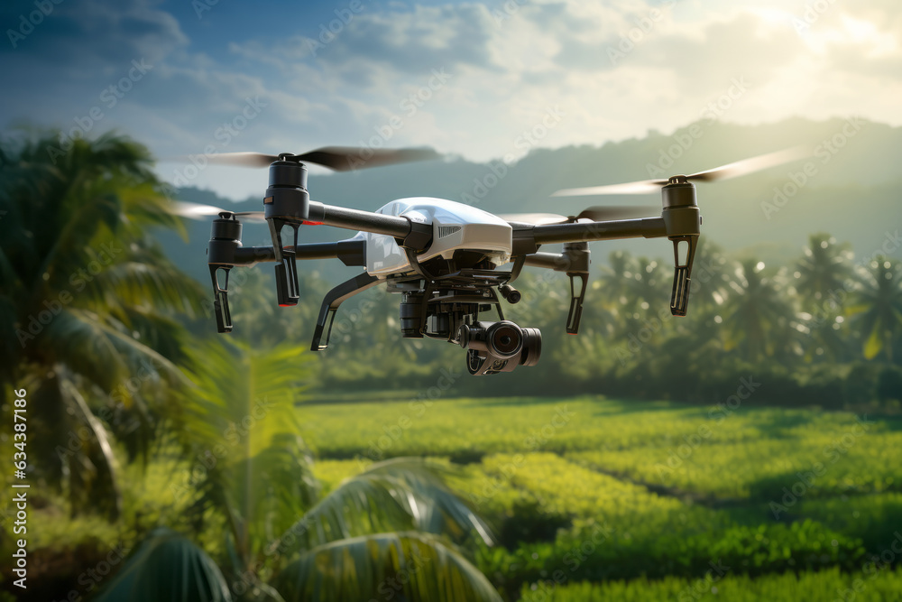 Aerial view of a modern agricultural drone flying over a vibrant green field Aerial view of a modern agricultural drone flying over a vibrant green field