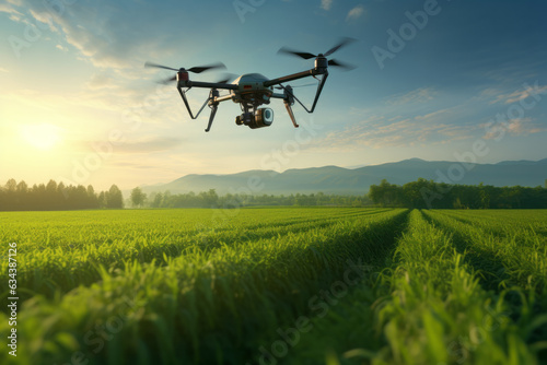 Aerial View of Agricultural Drone Surveying Vibrant Green Field
