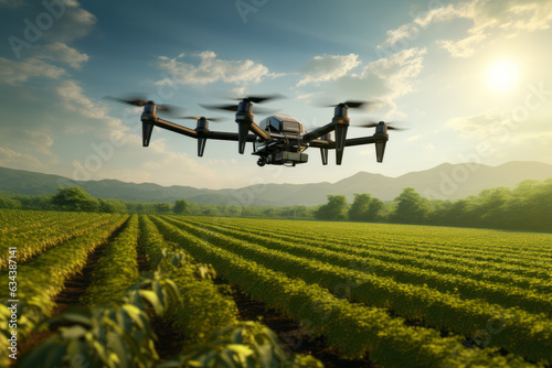 Aerial view of a thriving green field with an agricultural drone in action