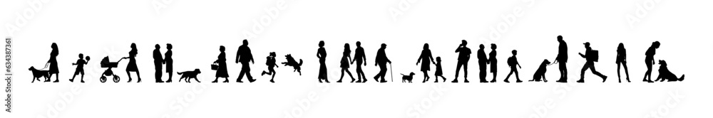 Vector illustration. Silhouettes of dogs of different breeds and sizes. Big set of animals and people. Dog lovers in the park.