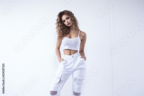 Ethereal Beauty in White Bodysuit on Pure White Background