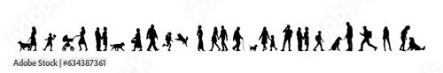 Vector illustration. Silhouettes of dogs of different breeds and sizes. Big set of animals and people. Dog lovers in the park.