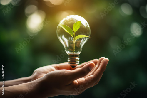 Green Innovation: Hand Holding a Light Bulb with Vibrant Leaves