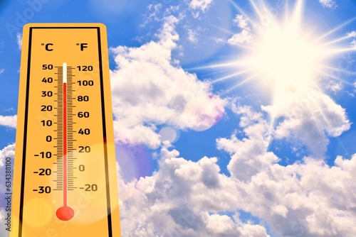 a thermometer that shows the heat temperature of the air in the surrounding environment, heat temperature, climate change, sky, sun