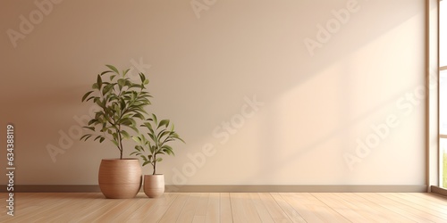 Empty room interior background  beige wall  pot with plant  wooden flooring 3d rendering