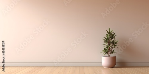 Empty room interior background, beige wall, pot with plant, wooden flooring 3d rendering