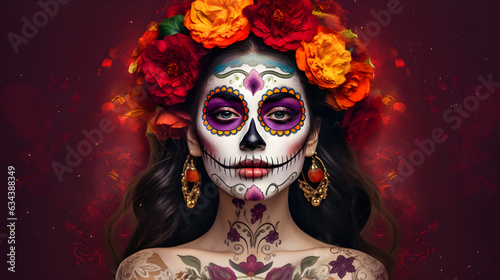 Dia de los muertos. Portrait of a woman during dia de los muertos. Centred.