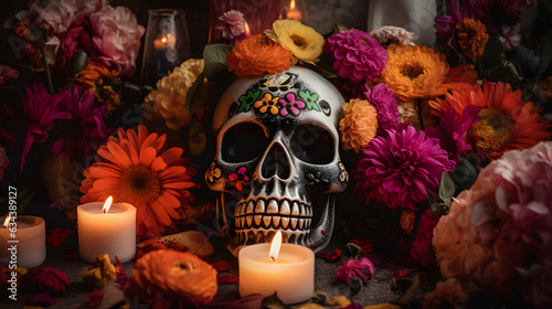 Dia de los muertos skull, surrounded by flowers and candles. Skull. Calavera, calavera de azucar, sugar skull. Pattern of colorful skulls and flowers, dia de los muertos. Mexican hat.